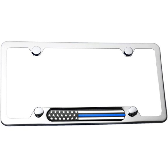 MULL Stainless Steel Chrome License Plate Frame American Flag (Black/Chrome with Thin Blue Line)