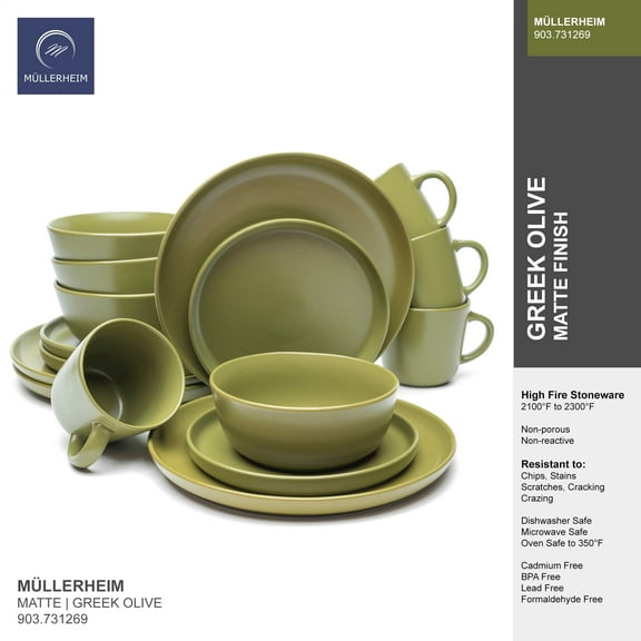 MULLERHEIM 903 Collection Matte Olive Green Dinnerware Set, Service for 4