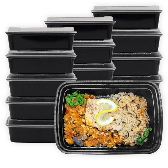 MULMEHË Plastic Food Storage Take-Out Container and Lid Combo, 28 oz, Microwaveable, Rectangular, Black, 8.5x6x1.5, Set of 150