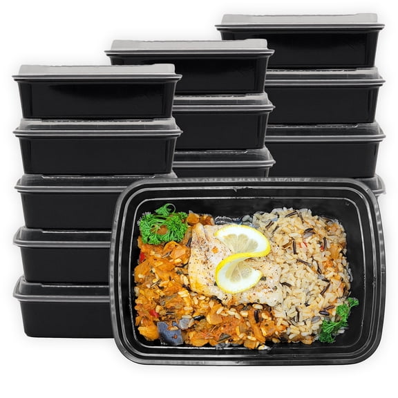 MULMEHË Plastic Food Storage Take-Out Container and Lid Combo, 38 oz, Microwaveable, Rectangular, Black, 8.5x6x2, Set of 150