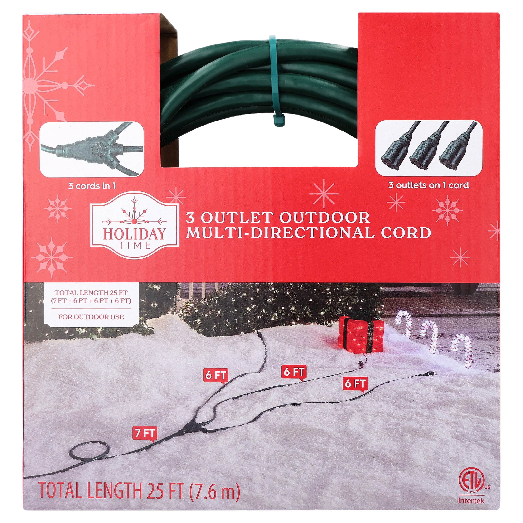 Outdoor 3-Outlet Multi-Directional Cord, Green, 25', by Holiday Time