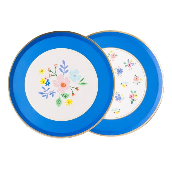 Bonjour Fte Blue Floral Variety Small Paper Dessert Plates, Disposable Party Supplies, 8 Count, 8 Inch, Easter, Bridal Shower, Spring