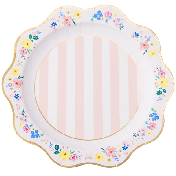 Bonjour Fte Striped Floral Large Paper Dinner Plates, Disposable Party Supplies, 8 Count, 11 Inch, Baby Shower, Spring, Birthday