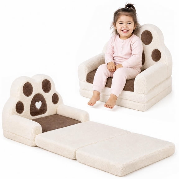 MULTIGOT 2-in-1 Convertible Kids Sofa to Lounger w/Removable Cover, Bear's Paw Patterns Brown + Beige