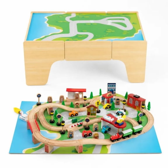 MULTIGOT Kids Wooden Train Table Set 84 PCS Playset w/ Reversible Tabletop Storage Drawer