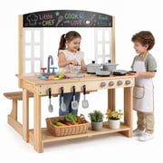 MULTIGOT Outdoor Mud Kitchen Wooden Pretend Play Kitchen w/Bench Stoves Faucet Sink Natural