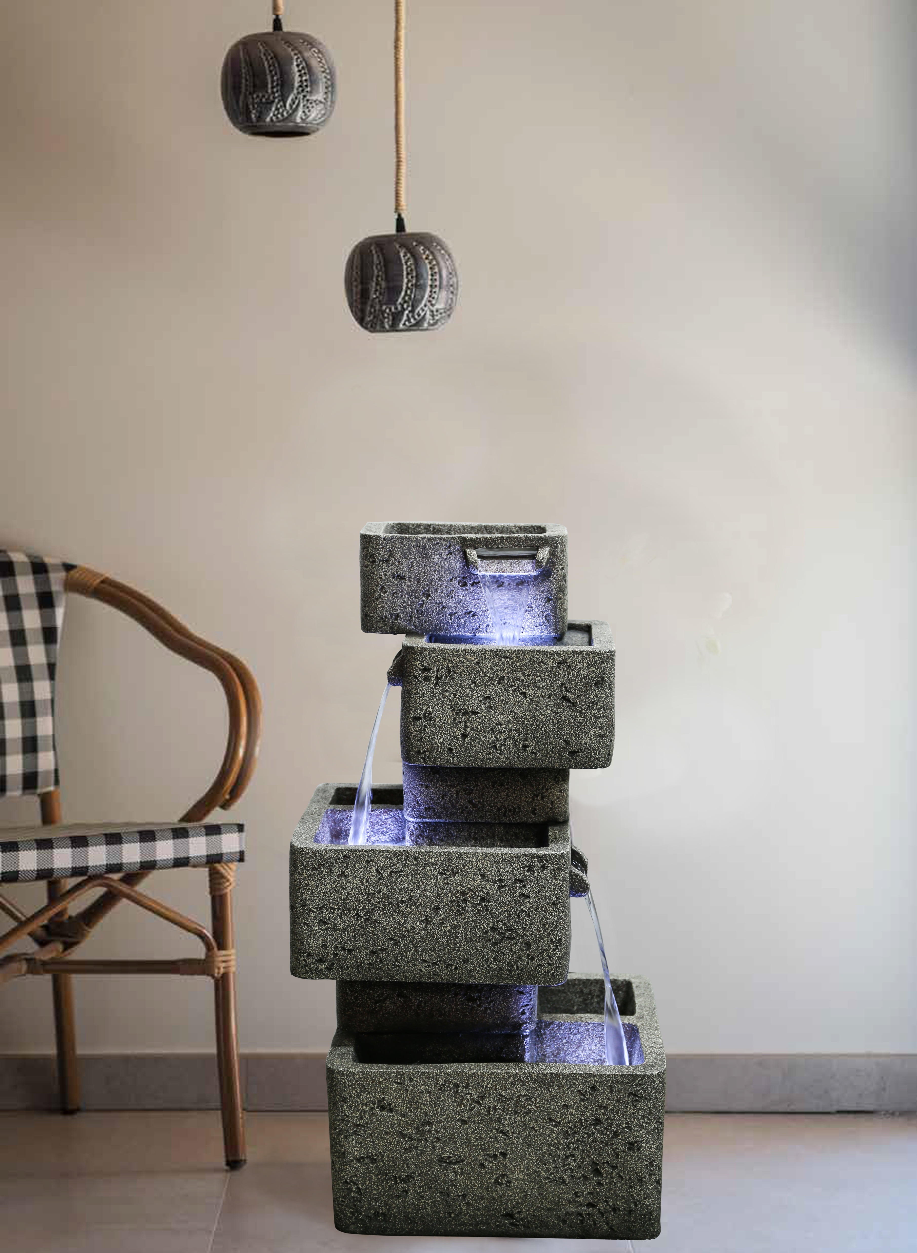 MULTILEVEL CONCRETE CASCADING FOUNTAIN WITH 3 COOL WHITE LED LIGHTS