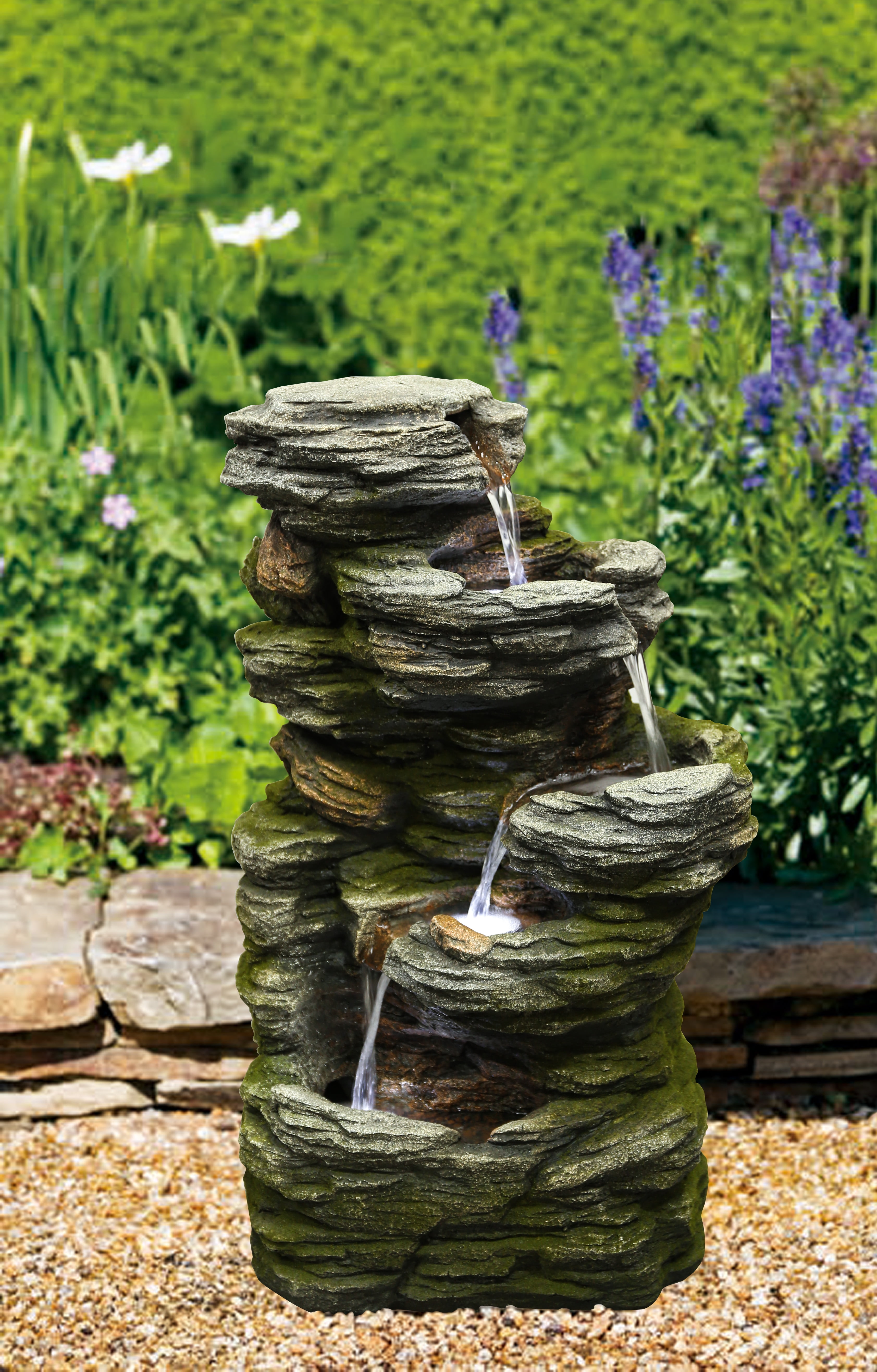 Multilevel Stone Outdoor Fountain with Cool White LED Lights