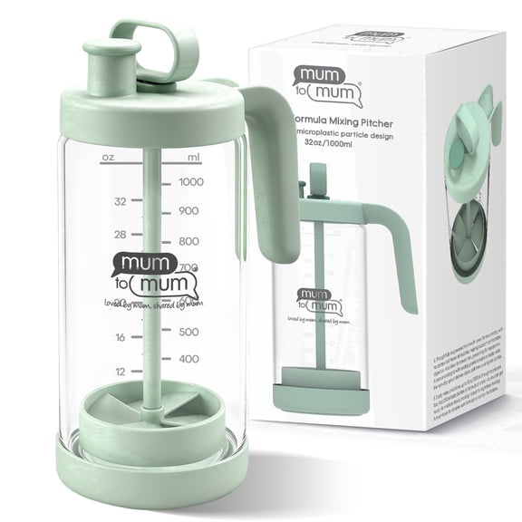 MUM TO MUM 32oz Glass Formula Mixing Pitcher, Microplastic-Free Design, Leak-Proof Breastmilk Storage with Silicone Seal, Dishwasher Safe & Thermal Shock Resistant (Light green)