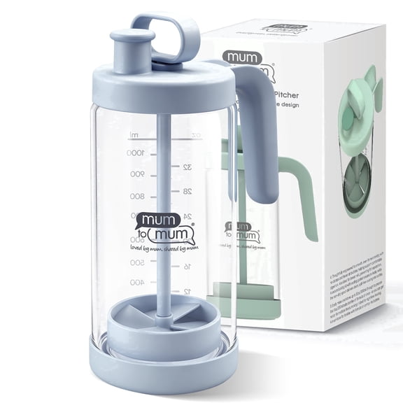 MUM TO MUM 32oz Glass Formula Mixing Pitcher, Microplastic-Free Design, Leak-Proof Breastmilk Storage with Silicone Seal, Dishwasher Safe & Thermal Shock Resistant (Light blue)