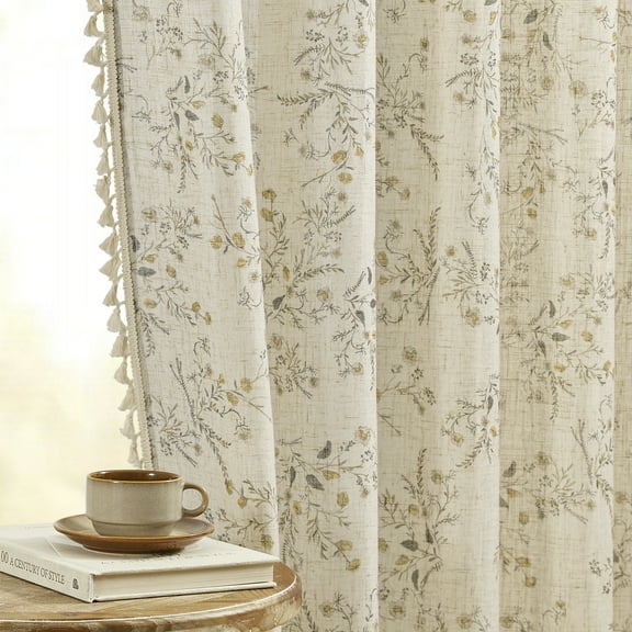 MUMO Floral Farmhouse Linen Curtains with Tassels for Bedroom Living Room, 2 Panels 54" x 63"