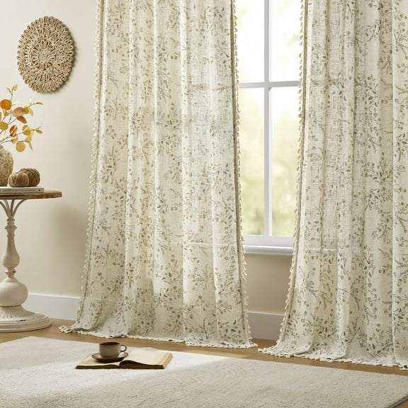 MUMO Floral Farmhouse Linen Curtains for Living Room Bedroom,2 Panels, 54" x 95"
