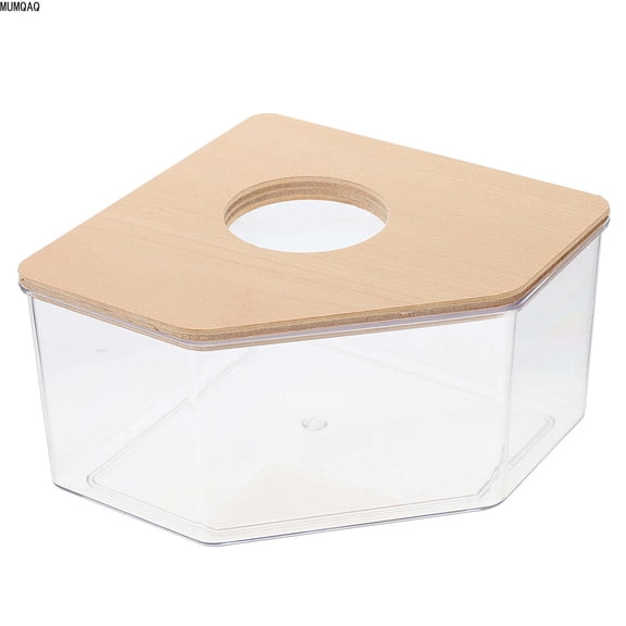 MUMQAQ Clear Acrylic Hamster Sand Bath Container with Wooden Lid, Corner Sand Bath Box for Hamsters, Chinchillas, Mice, Small Pets