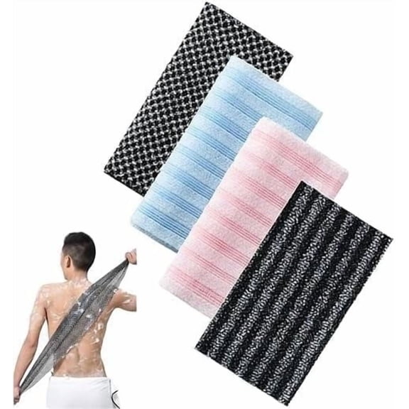 MUMQAQ Exfoliating Shower Towel 4 Pack, Long Strip Back Scrubber Towel for Bath, Deep Cleansing Body Scrub Towel, Quick Drying Polyester Bath Accessories