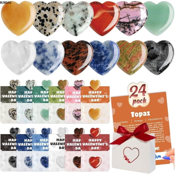 MUMQAQ Gem Valentines Day Cards, Valentine's Day Gem Gifts for Kids&adults – 24 Pack Prefilled Cards with Heart-Shaped Gemstones, Valentine Rock Crystal Gift Exchange for Boys Girls