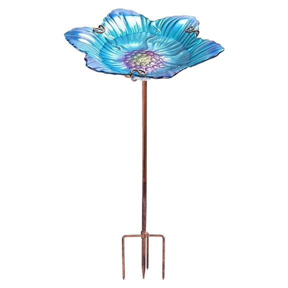 MUMTOP 26 Inch Height Glass Birdbath Birdfeeder with Metal Stake Garden Yard Outdoor Blue