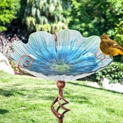 MUMTOP 31" Height Outdoor Glass Bird Feeder Bath, Blue