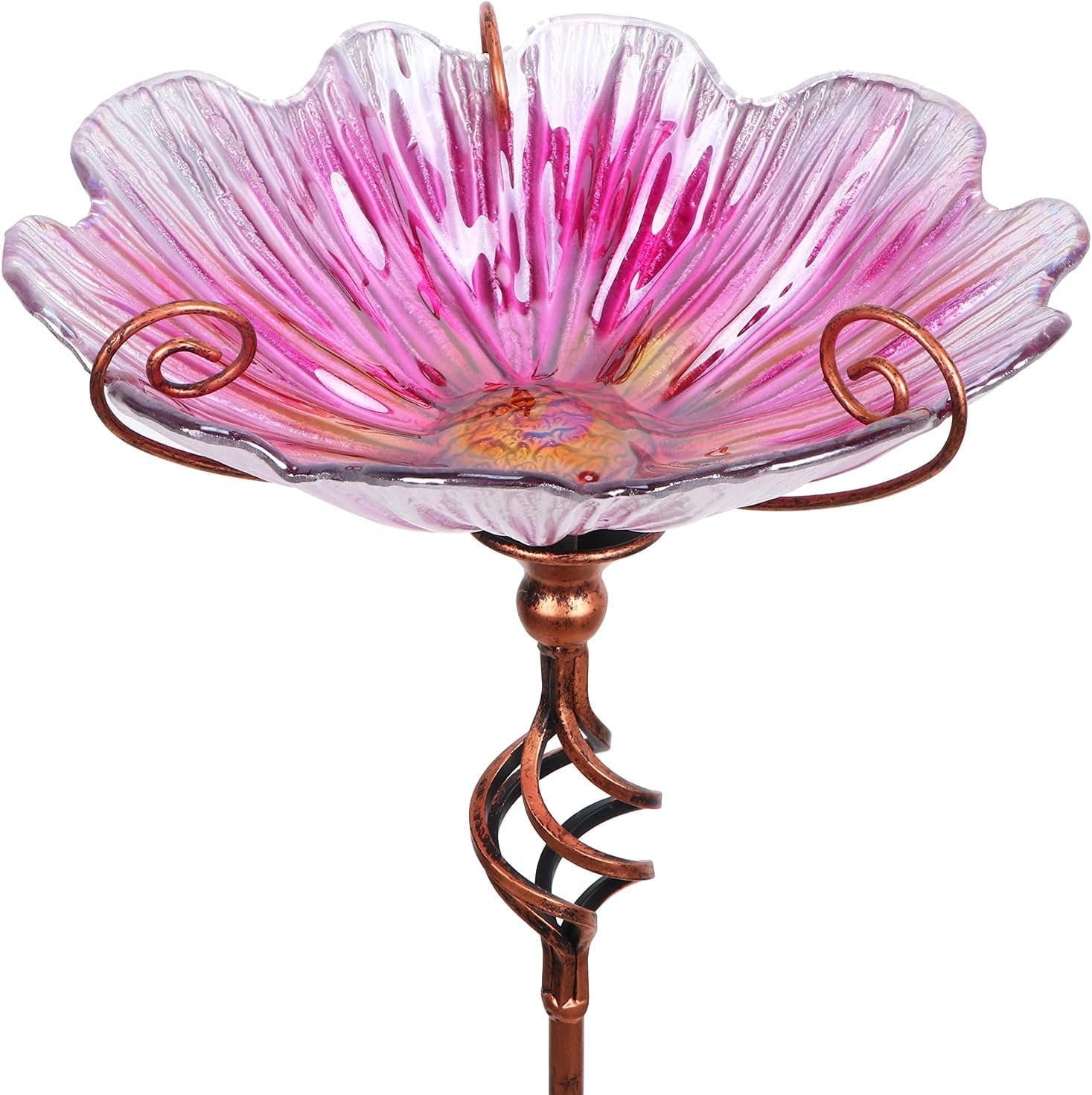 Pink Glass Birdbath with Metal Stake for Garden