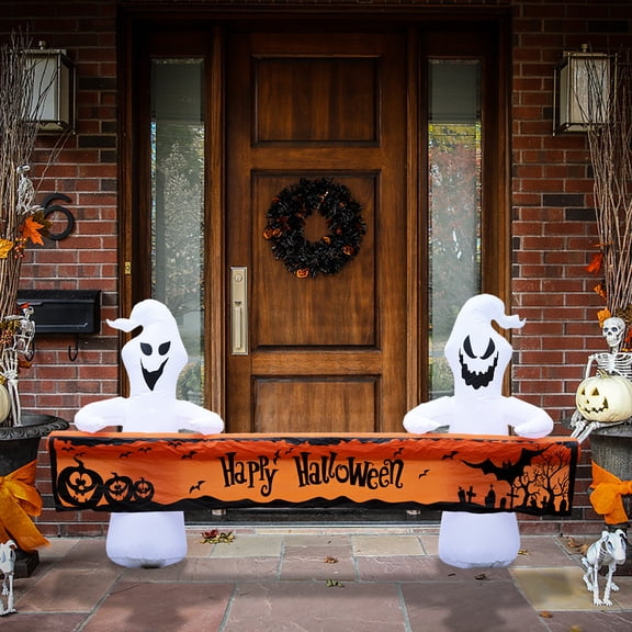 MUMTOP 8 Ft Long Halloween Inflatable White Ghosts with Lighted Orange Banner, Blow Up Decoration for Halloween Party, Yard, Garden, Lawn