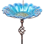 MUMTOP Bird Baths for Outdoors, Glass Birdbaths Outdoor Garden Birdfeeder with Metal Stake Bowl with Stake for Garden Yard Decor Blue