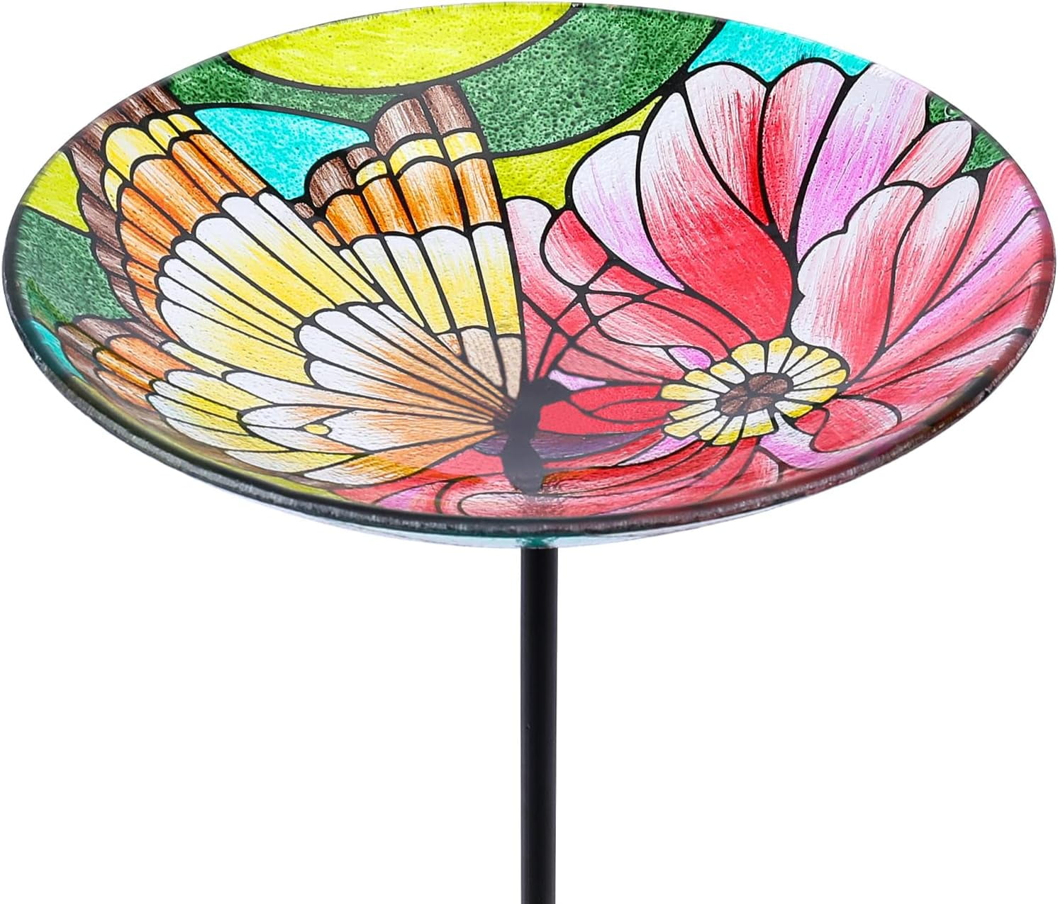 MUMTOP Glass Bird Bath with Metal Stake, Garden and Patio Decor and Butterfly & Flower Feeders