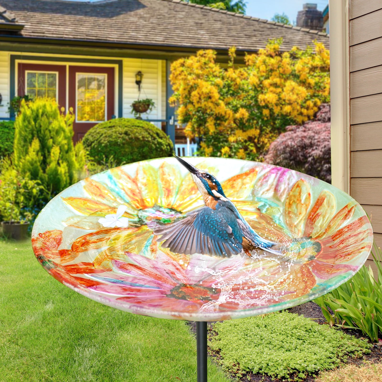 MUMTOP Glass Bird Baths for Outdoors, 11 inch Birdbath Bowl with Metal Stake, Butterfly and Flower Bird Feeders for Garden and Patio Decor