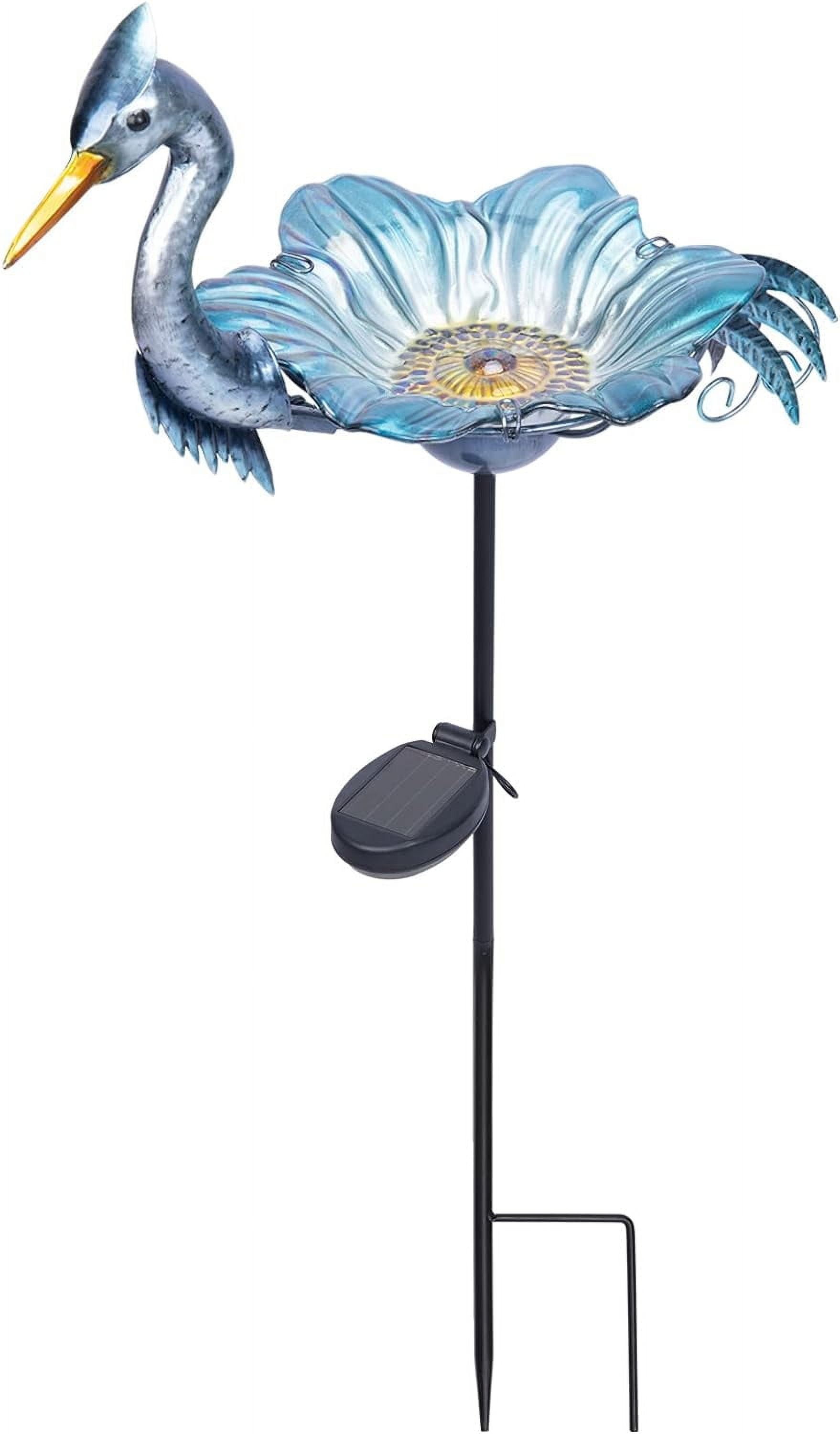 MUMTOP Glass Birdbath With Metal Stand - 18" Diameter Bowl, 21.65" Height, Hummingbird Pattern, Foldable Base