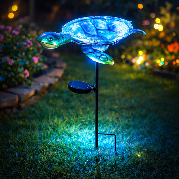 MUMTOP Outdoor Bird Bath Solar Birdbath Small Birdfeeder with Turtle Metal Stake for Garden Yard Outside Decor