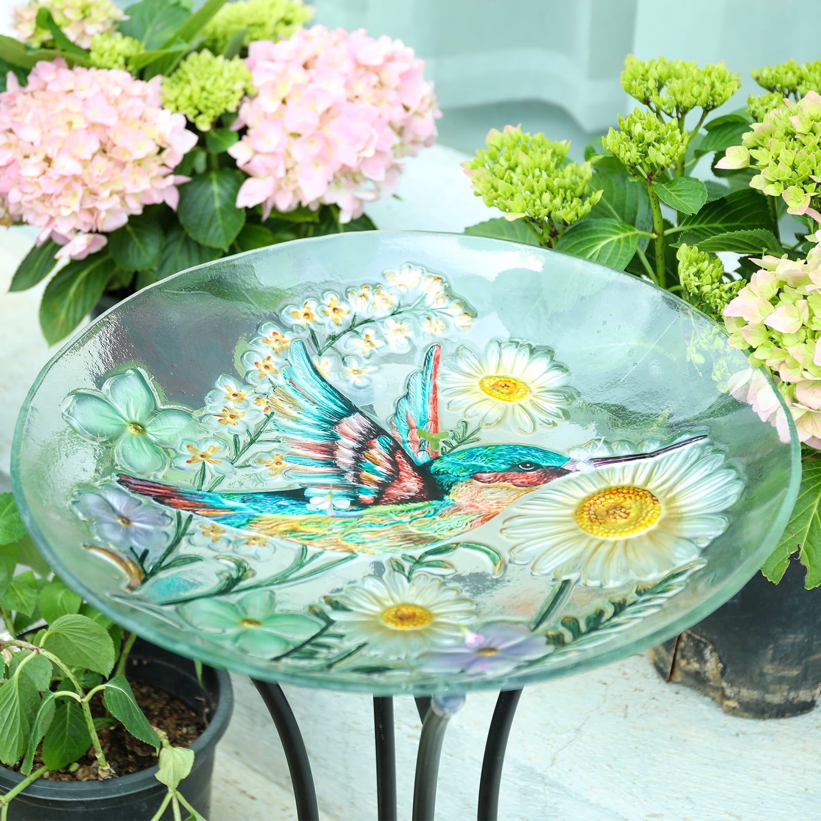 MUMTOP Outdoor Hummingbird Glass Bird Bath with Metal Stand