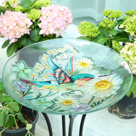 MUMTOP Outdoor Hummingbird Glass Bird Bath with Metal Stand