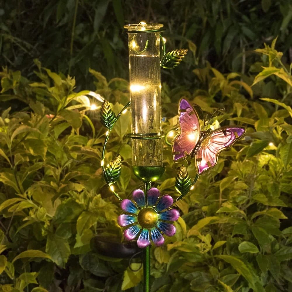 MUMTOP Solar Rain Gauge Outdoor - Metal Butterfly Flower Stake for Garden Yard Patio Decor