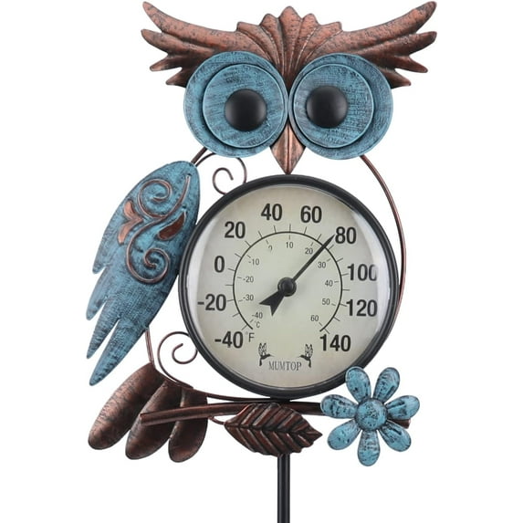 MUMTOP Wall Hanging Thermometer Stake, 42 Inch Metal Owl Garden Stake Outside Wall Thermometer for Patio, Yard and Garden,Weather Resistant