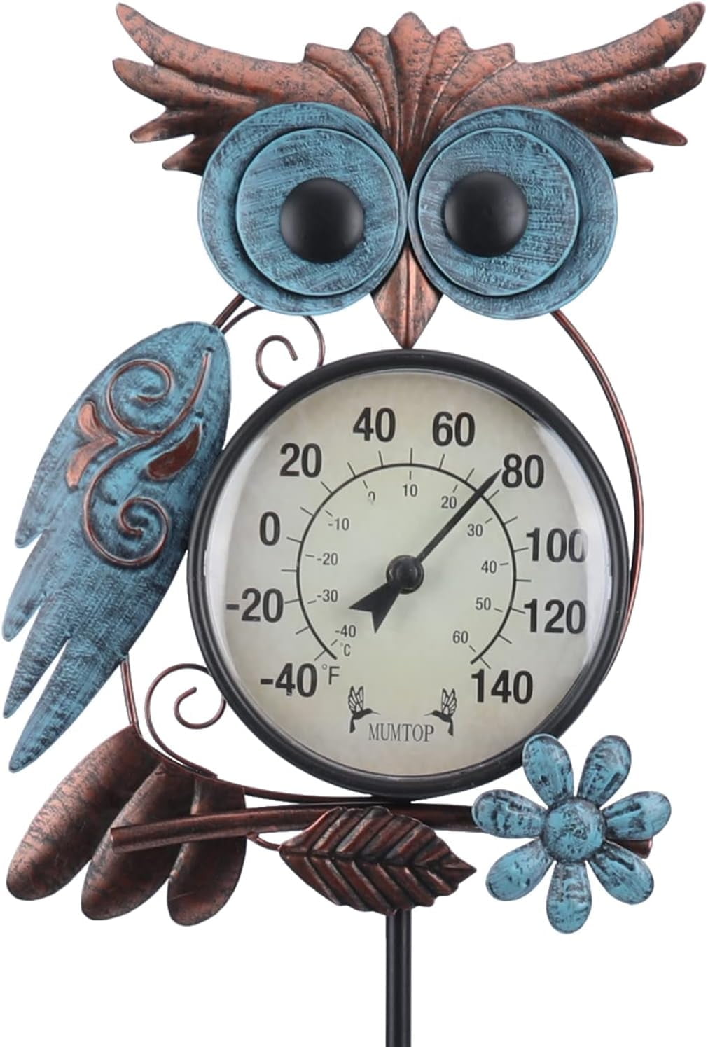 MUMTOP Wall Hanging Thermometer Stake, 42 Inch Metal Owl Garden Stake Outside Wall Thermometer for Patio, Yard and Garden