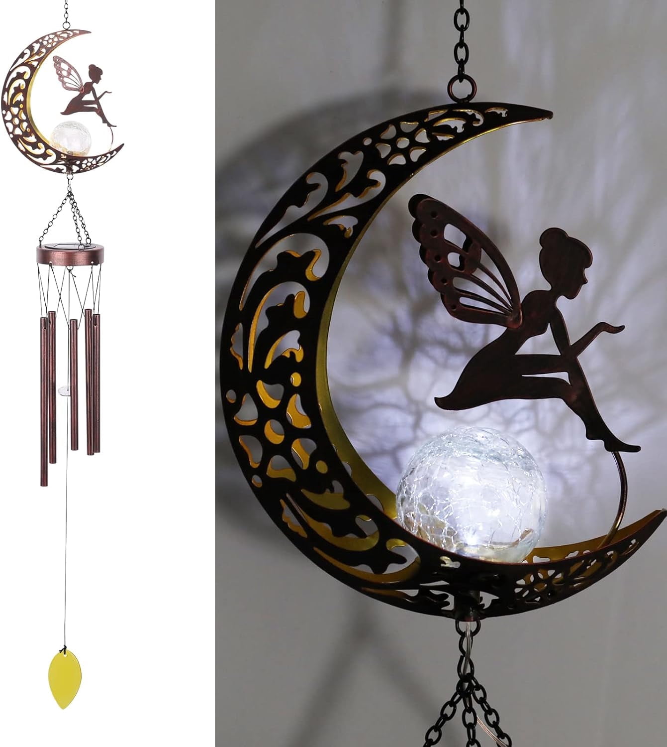 MUMTOP Wind Chime,Moon Fairy Solar Lights Wind Chimes for Outside Indoor Crackle Glass Ball LED Decorative Mobile Memorial Gift, Aluminum Tubes for Home, Outdoor, Yard, Patio,Garden Decor