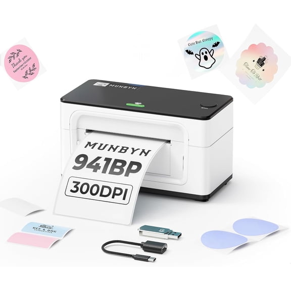 MUNBYN Bluetooth Thermal Label Printer 941BP, 300DPI Wireless 4x6 Shipping | USB & Bluetooth, Compatible, Small Business, Home Office(White)