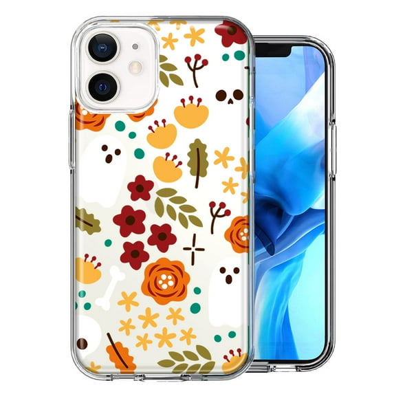 MUNDAZE Apple iPhone 12 Mini Spooky Season Fall Autumn Flowers Ghosts Skulls Halloween Double Layer Phone Case Cover