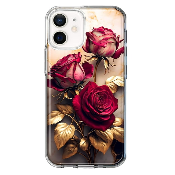 MUNDAZE Apple iPhone 12 Romantic Elegant Gold Marble Red Roses Double Layer Phone Case Cover