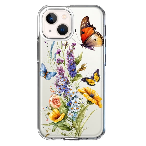 MUNDAZE Apple iPhone 13 Mini Yellow Purple Spring Flowers Butterflies Floral Shockproof Clear Hybrid Protective Phone Case Cover
