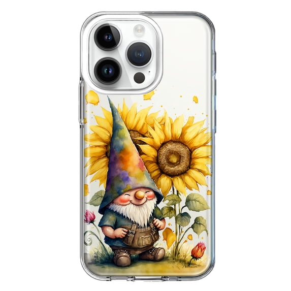 MUNDAZE Apple iPhone 14 Pro Shockproof Clear Hybrid Protective Phone Case Cute Gnome Sunflowers Clear Cover