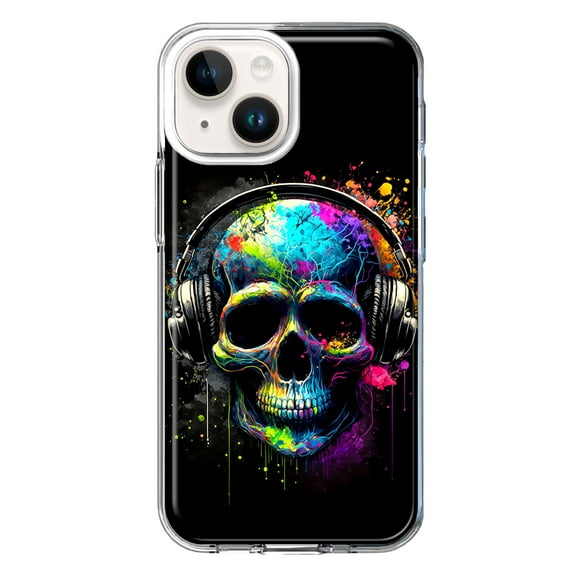 MUNDAZE Apple iPhone 14 Shockproof Clear Hybrid Protective Phone Case Fantasy Skull Headphone Colorful Pop Art Cover