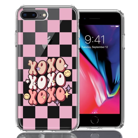 MUNDAZE Apple iPhone 7/8 Plus Retro Pink Checkered XOXO Vintage 70s Style Hippie Valentine Love Double Layer Phone Case Cover