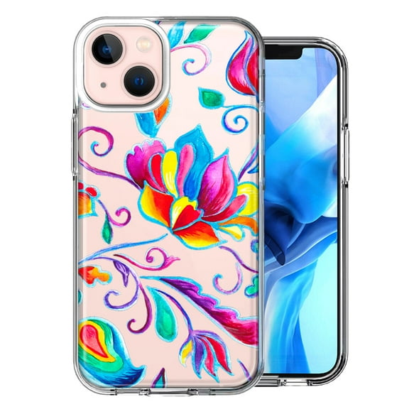 MUNDAZE Case for Apple iPhone 15 Hybrid Shockproof Slim Hard Soft TPU Shell Heavy Duty Protective Phone Cover - Bright Colors Rainbow Water Lilly Floral