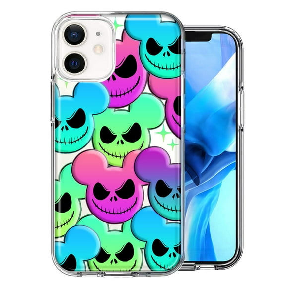 MUNDAZE Case for Apple iPhone 15 Hybrid Shockproof Slim Hard Soft TPU Shell Heavy Duty Protective Phone Cover - Bright Rainbow Nightmare Skulls Spooky Season Halloween
