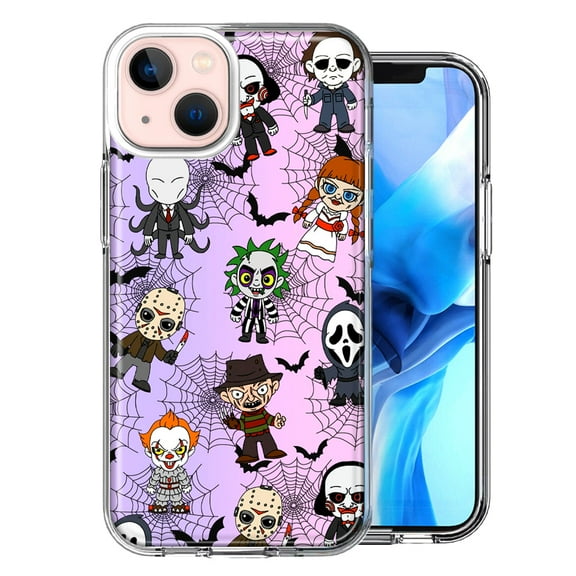 MUNDAZE Case for Apple iPhone 15 Hybrid Shockproof Slim Hard Soft TPU Shell Heavy Duty Protective Phone Cover - Classic Haunted Horror Halloween Nightmare Characters Spider Webs