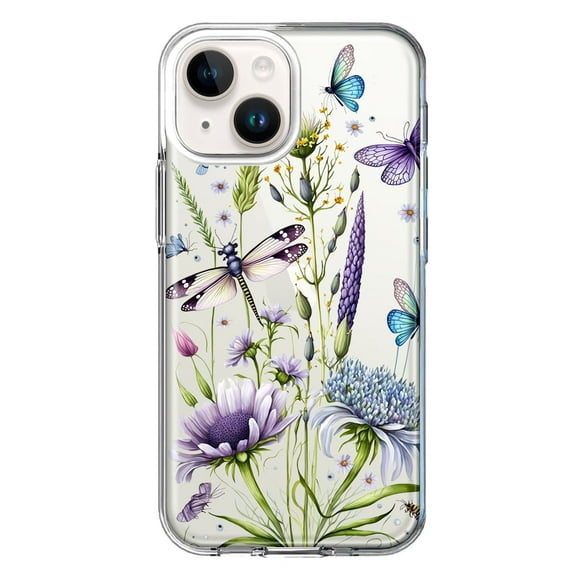MUNDAZE Case for Apple iPhone 15 Hybrid Shockproof Slim Hard Soft TPU Shell Heavy Duty Protective Phone Cover - Lavender Dragonfly Butterflies Spring Flowers