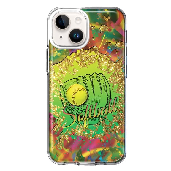 MUNDAZE Case for Apple iPhone 15 Hybrid Shockproof Slim Hard Soft TPU Shell Heavy Duty Protective Phone Cover - Love Softball Girls Glove Green Tie Dye Swirl Paint