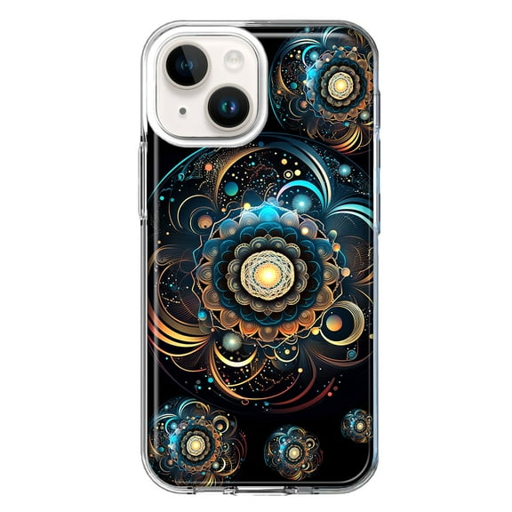 MUNDAZE Case for Apple iPhone 15 Hybrid Shockproof Slim Hard Soft TPU Shell Heavy Duty Protective Phone Cover - Mandala Geometry Abstract Multiverse Pattern