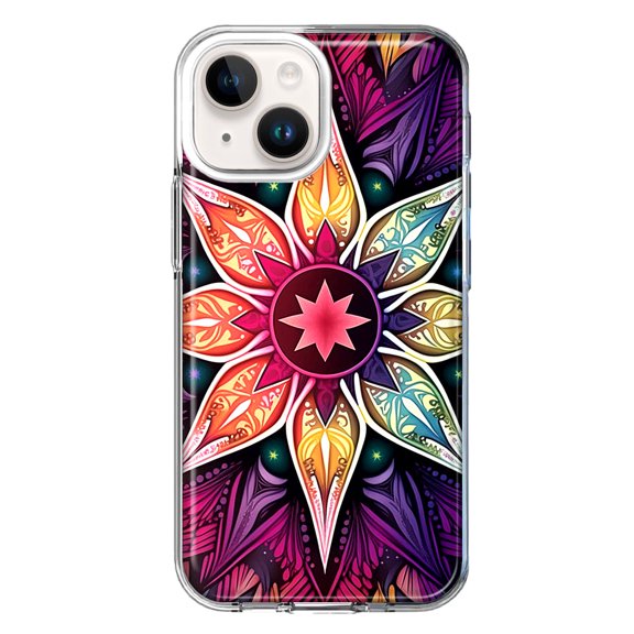 MUNDAZE Case for Apple iPhone 15 Hybrid Shockproof Slim Hard Soft TPU Shell Heavy Duty Protective Phone Cover - Mandala Geometry Abstract Star Pattern