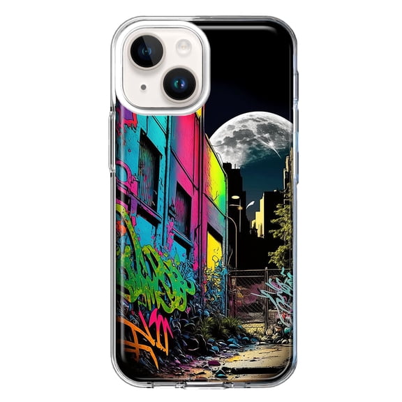 MUNDAZE Case for Apple iPhone 15 Hybrid Shockproof Slim Hard Soft TPU Shell Heavy Duty Protective Phone Cover - Urban City Full Moon Graffiti Painting Art