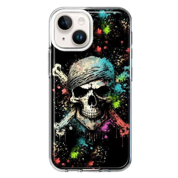 MUNDAZE Case for Apple iPhone 15 Plus Hybrid Shockproof Slim Hard Soft TPU Shell Heavy Duty Protective Phone Cover - Fantasy Paint Splash Pirate Skull